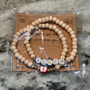2 pc Wooden Beaded TEACHER BRACELETS Appreciation Apple Friendship Bracelets NEW